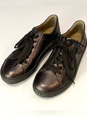 Hartjes Phil Black Metallic Bronze Leather Zip Sneakers Shoes Women US 7 UK 4.5